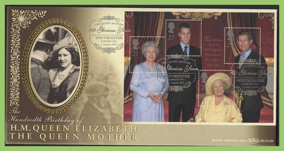 G.B. 2000 Queen Mother M/S on Benham First Day Cover, Westminster