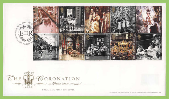 G.B. 2003 Coronation Anniversary set on u/a Royal Mail First Day Cover, Tallents House