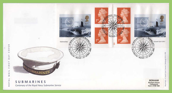 G.B. 2001 Submarines booklet on Royal Mail First Day Cover, Chatham Kent