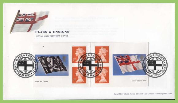 G.B. 2001 Flags & Ensigns booklet on Royal Mail First Day Cover, Greenwich SE10