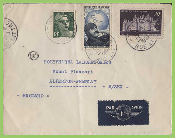 France 1953 multifranked airmail cover to England