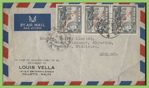 Malta 1953 KGVI 1d Self Government strip of three on Airmail cover to England