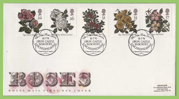 G.B. 1991 Roses set on Royal Mail First Day Cover, Drum Castle, Banchory