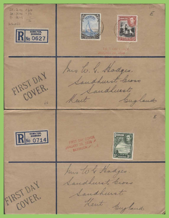 Bermuda 1938 KGVI 2d 3d and 1/- on two First Day Covers