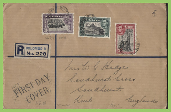 Ceylon 1938 KGVI 2c, 3c & 50c on registered cover. (Nor FDC as Printed on cover)