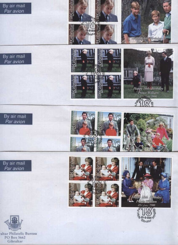 Gibraltar 2000 Prince William 18th Birthday set of four booklet Pane First Day Covers