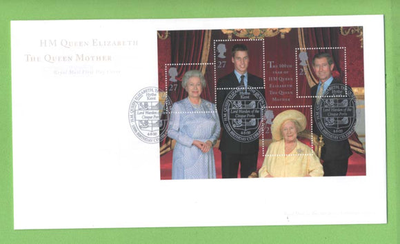 G.B. 2000 Queen Mother miniature sheet on Royal Mail First Day Cover, Hythe Kent