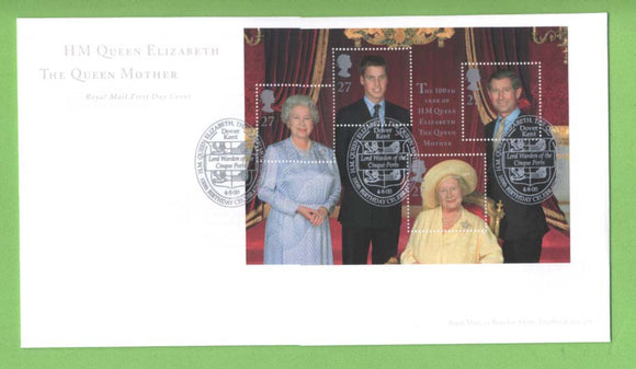 G.B. 2000 Queen Mother miniature sheet on Royal Mail First Day Cover, Dover Kent
