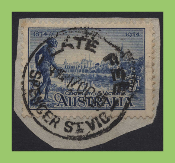 Australia 1934 3d Centenary of Victoria used on piece, Late Fee cancel