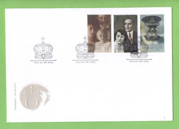 Norway 2003 King Olav set and miniature sheet on two First Day Covers