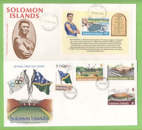 Solomon Islands 1984 Olympics set & miniature sheet on two First Day Covers