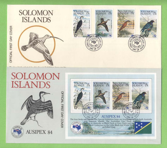 Solomon Islands 1984 Ausipex Birds set & miniature sheet on two First Day Covers
