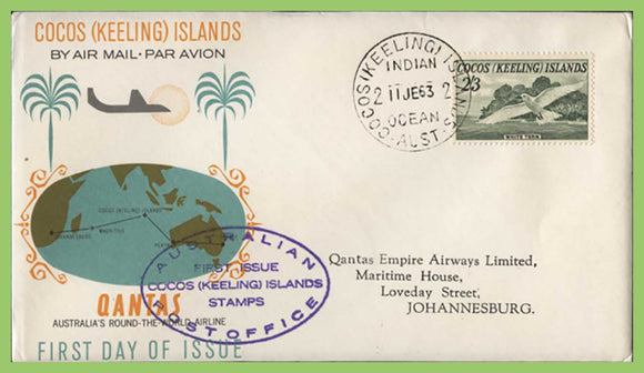 Cocos (Keeling) Island 1963 2/3 on Qantas First Day of Issue/ Flight cover to Johannesburg, S.A.