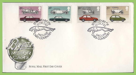 G.B. 1982 British Motor Cars set on u/a Royal Mail First Day Cover, Jaguar Cars, Coventry
