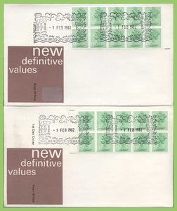 G.B. 1982 £1.25 booklet, left & right panes on two Post Office First Day Covers, Windsor