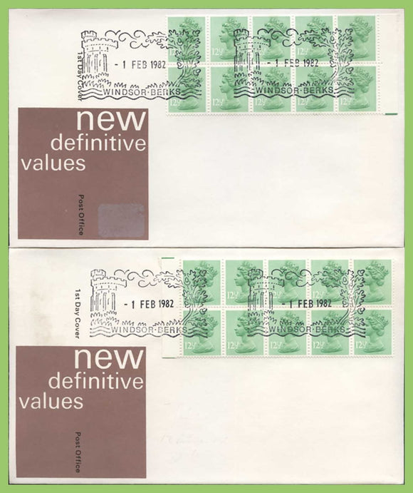 G.B. 1982 £1.25 booklet, left & right panes on two Post Office First Day Covers, Windsor