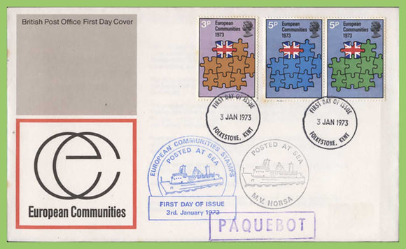 G.B. 1973 European Economic Community set Post Office First Day Cover, Folkestone Paquetbot