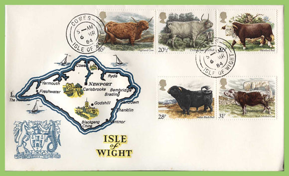 G.B. 1984 British Cattle set on First Day Cover, Cowes, Isle of Wight cds