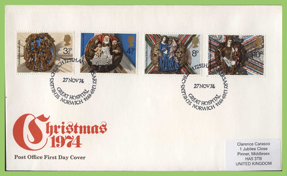 G.B. 1974 Christmas set on Post Office First Day Cover, Great Hospital, Norwich