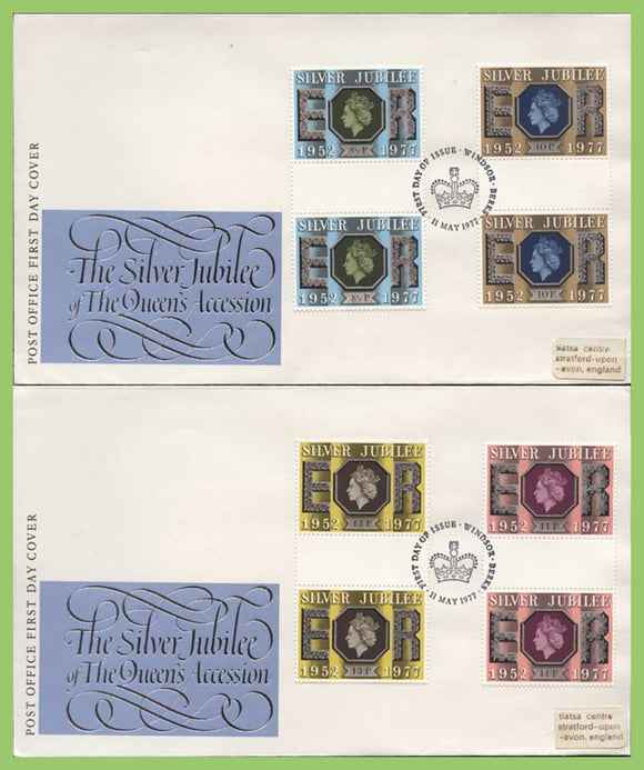 G.B. 1977 Silver Jubilee gutter pairs on two Post Office First Day Covers, Windsor