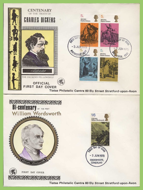 G.B. 1970 Anniversaries set on two Wessex First Day Covers, Rochester & Cockermouth