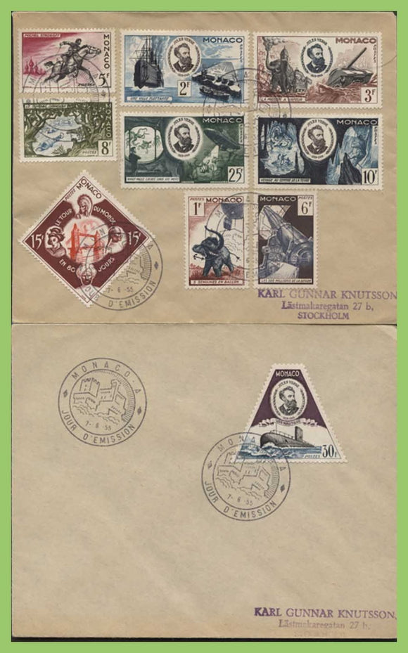 Monaco 1955 !f to 30f 50th Death Anniv of Jules Verne on two First Day Covers
