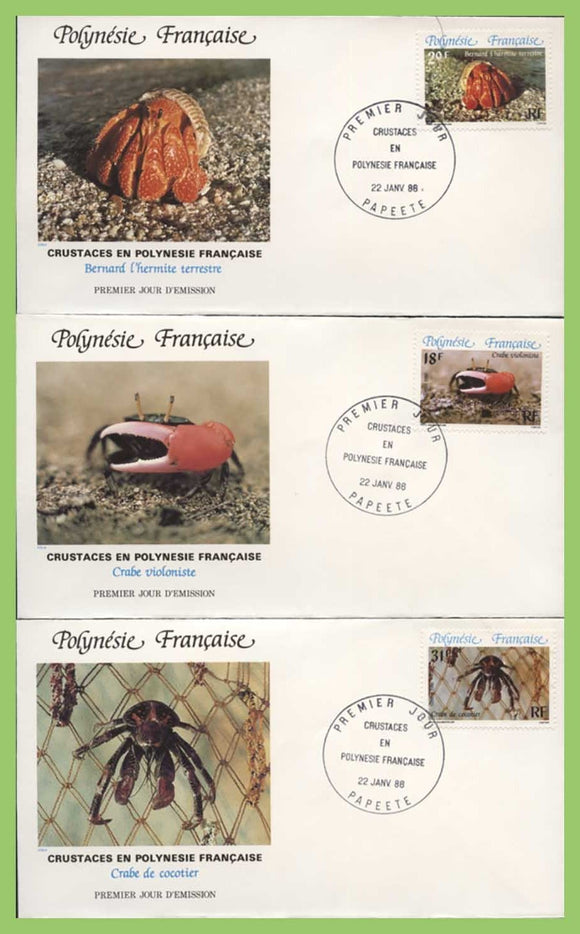 French Polynesia 1986 Crabs set on three First Day Covers