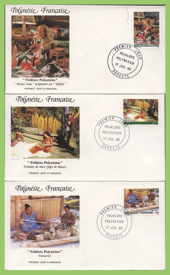French Polynesia 1986 Polynesian Folklore. Traditional Crafts on three First Day Covers