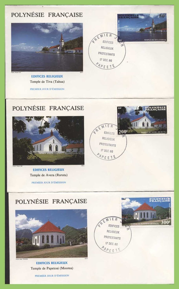 French Polynesia 1986 Air. Protestant Churches set on three First Day Covers