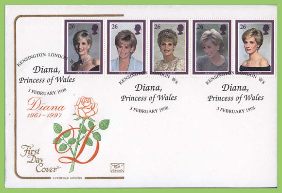 G.B. 1998 Princess Diana set on Cotswold u/a First Day Cover, Kensington (oval)