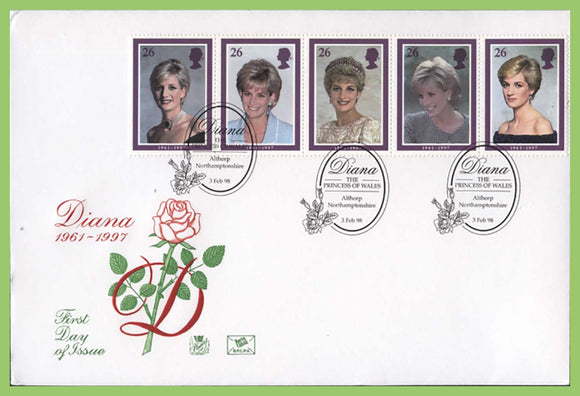 G.B. 1998 Princess Diana set on Stuart u/a First Day Cover, Althorp Northamptonshire
