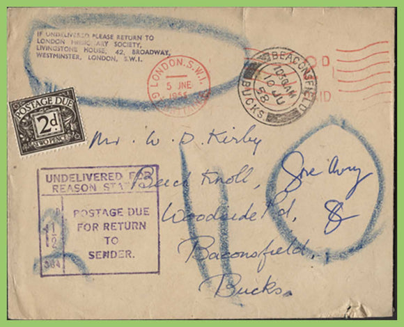 G.B. 1958 London Missionary Society RTS Cover with 2d postage due