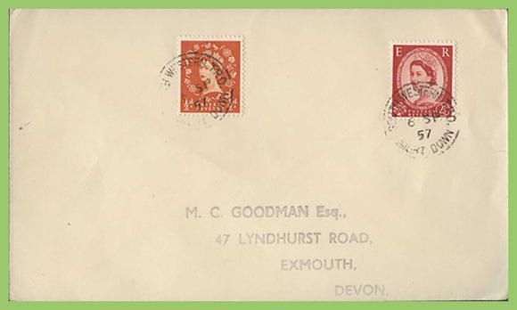 G.B. 1957 QEII cover with 'South Western TPO Night Down' cancels
