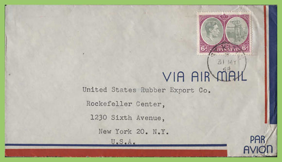 St Kitts & Nevis 1944 KGVI 6d on cover to USA