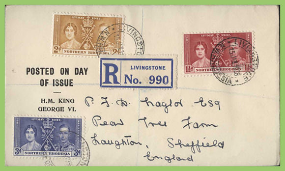 Northern Rhodesia 1937 KGVI Coronation set on registered printed cover
