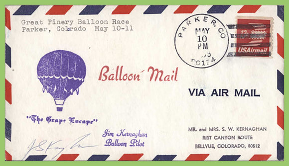 U.S.A 1975 Great Pinery Balloon Race (Parker Colorado) flight cover, signed