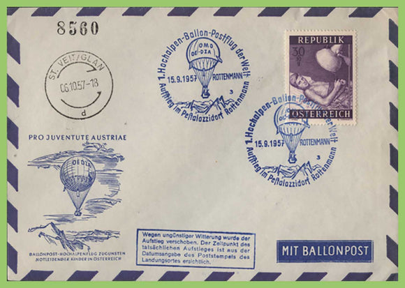 Austria 1957 Balloon Post, High Alpine special cancel flight cover
