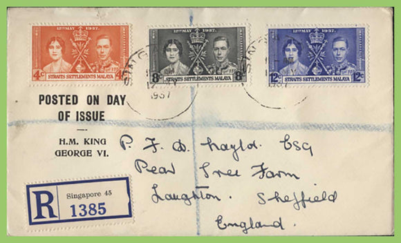 Straits Settlement 1937 KGVI Coronation set on registered printed First Day Cover