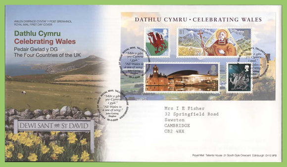 G.B. 2009 Celebrating Wales miniature sheet on Royal Mail First Day Cover, Tallents House