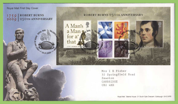 G.B. 2009 Robert Burns miniature sheet on Royal Mail First Day Cover, Tallents House