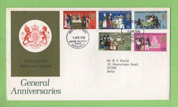 G.B. 1970 Anniversaries set on Post Office First Day Cover, Bureau