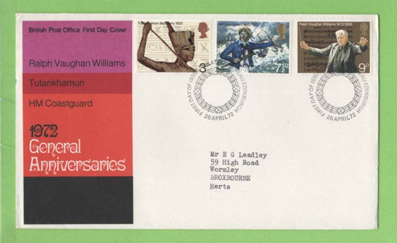 G.B. 1972 General Anniversaries set on Post Office First Day Cover, Bureau