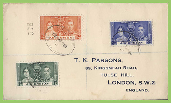 Ascension 1937 KGVI Coronation set on registered cover to England