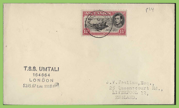 Ascension 1954 KGVI 1½d perf 14 on cover with T.S.S. Umtali ship cachet