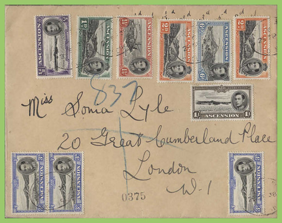 Ascension 1938 KGVI multi franked (10 stamps) registered cover to England