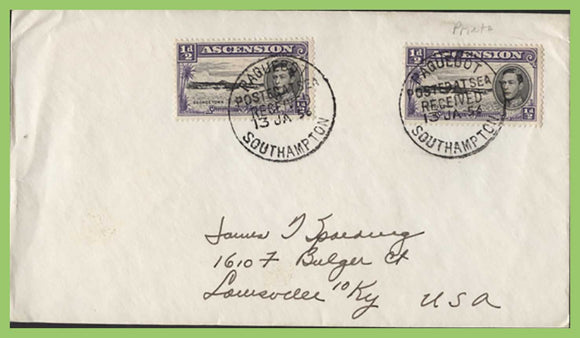 Ascension 1952 KGVI 2 x ½d (George Town) on cover with 'Southampton Paquebot' cancel