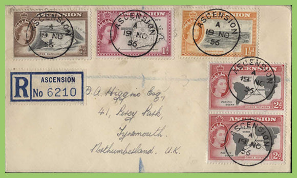 Ascension 1956 QEII definitives on registered First Day Cover to England