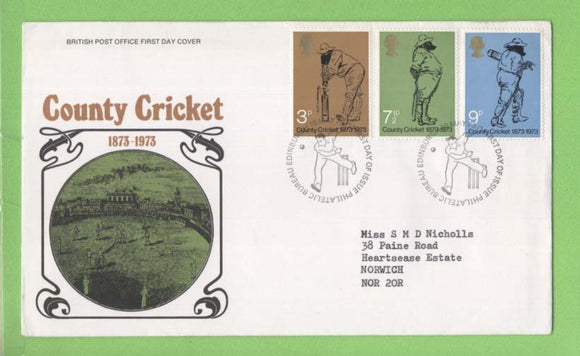 G.B. 1973 Cricket set on Post Office First Day Cover, Bureau