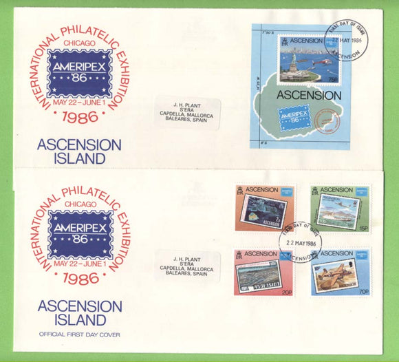 Ascension 1986 Ameripex '86 International Stamp Exhibition set & miniature sheet on two First Day Covers