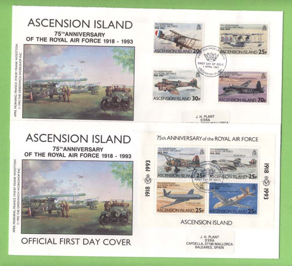 Ascension 1993 75th Anniv of Royal Air Force set & miniature sheet on two First Day Covers
